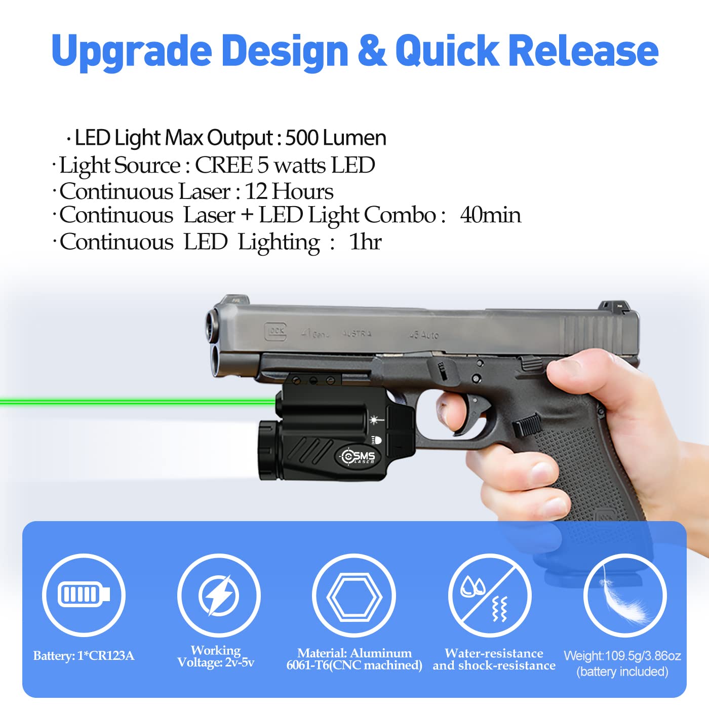 500 Lumen Tactical Pistol Light and Green Laser Combo with Picatinny Mount