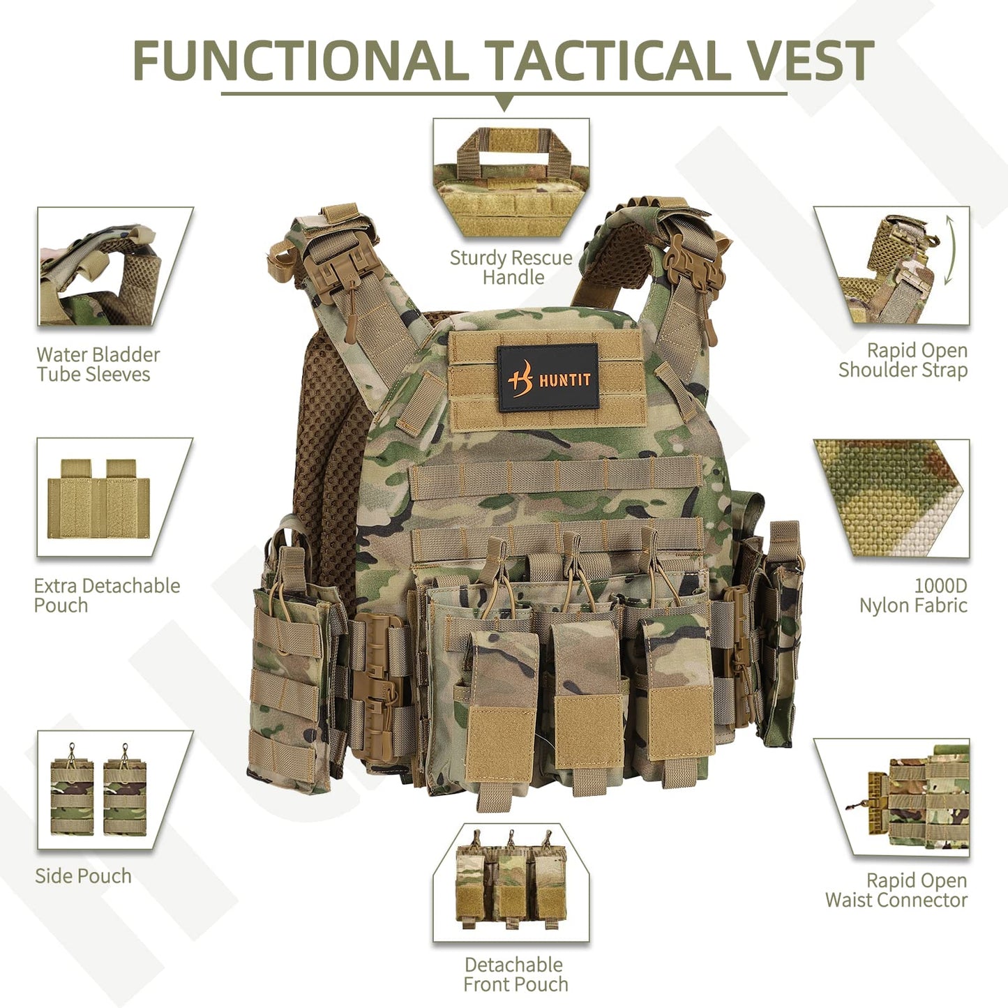 Adjustable Tactical MOLLE Vest with Quick Release—Multicam