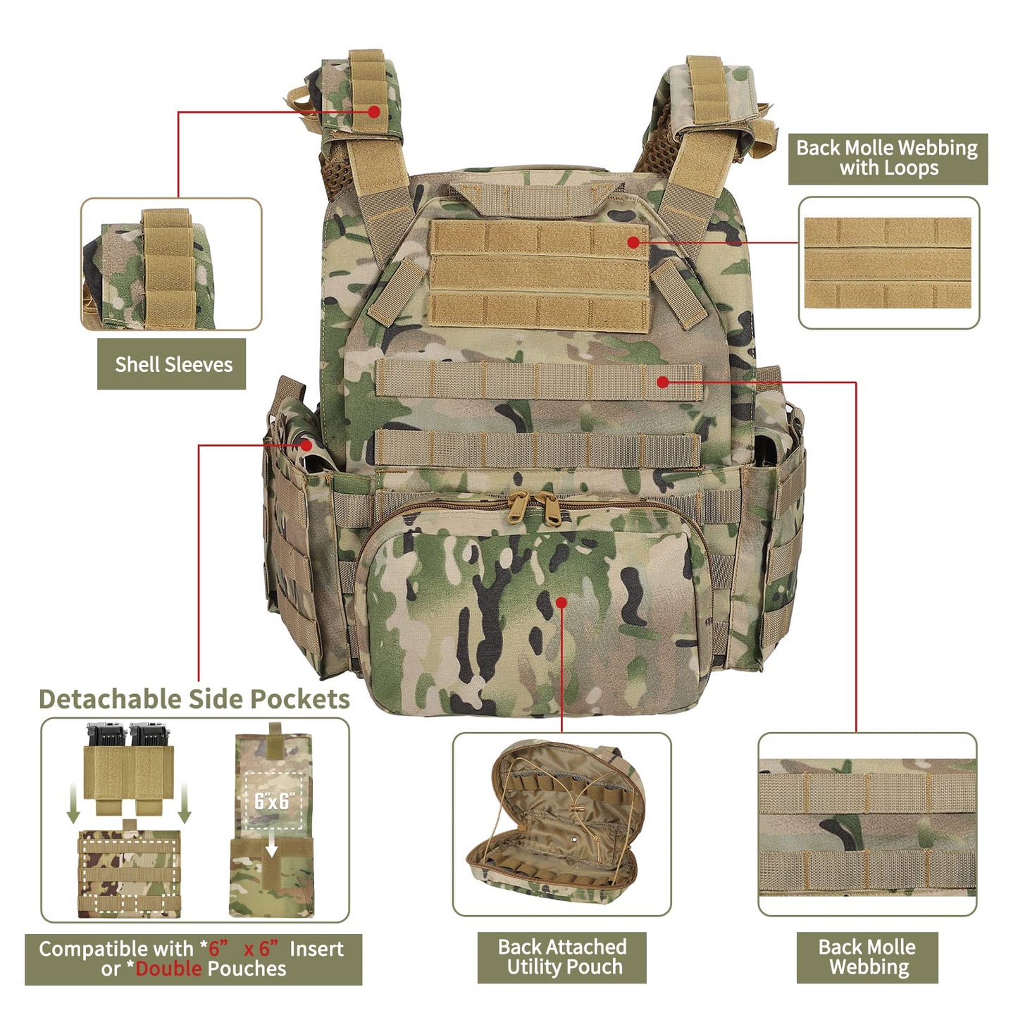 Adjustable Tactical MOLLE Vest with Quick Release—Multicam