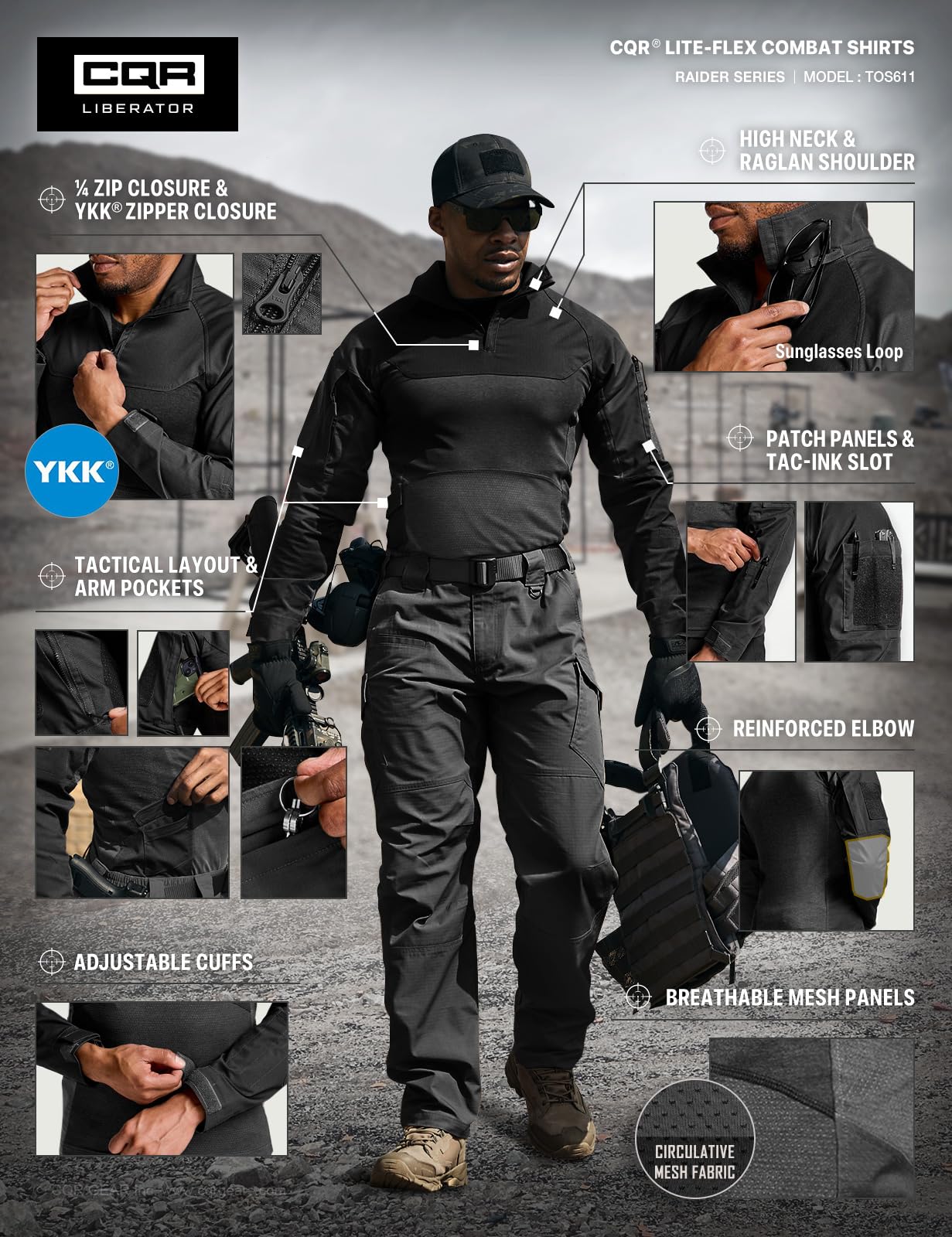 Men's Black Tactical Combat Shirt with 1/4 Zip
