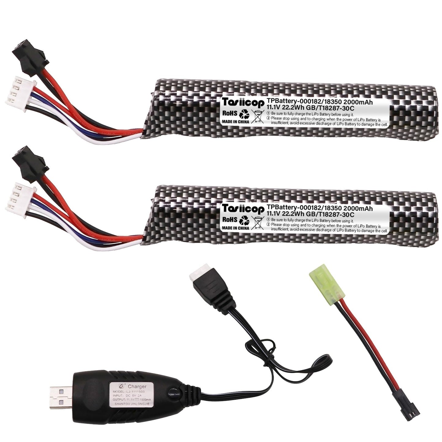 11.1V 2000mAh LiPo Airsoft Batteries with Mini Tamiya Connector (2-Pack)