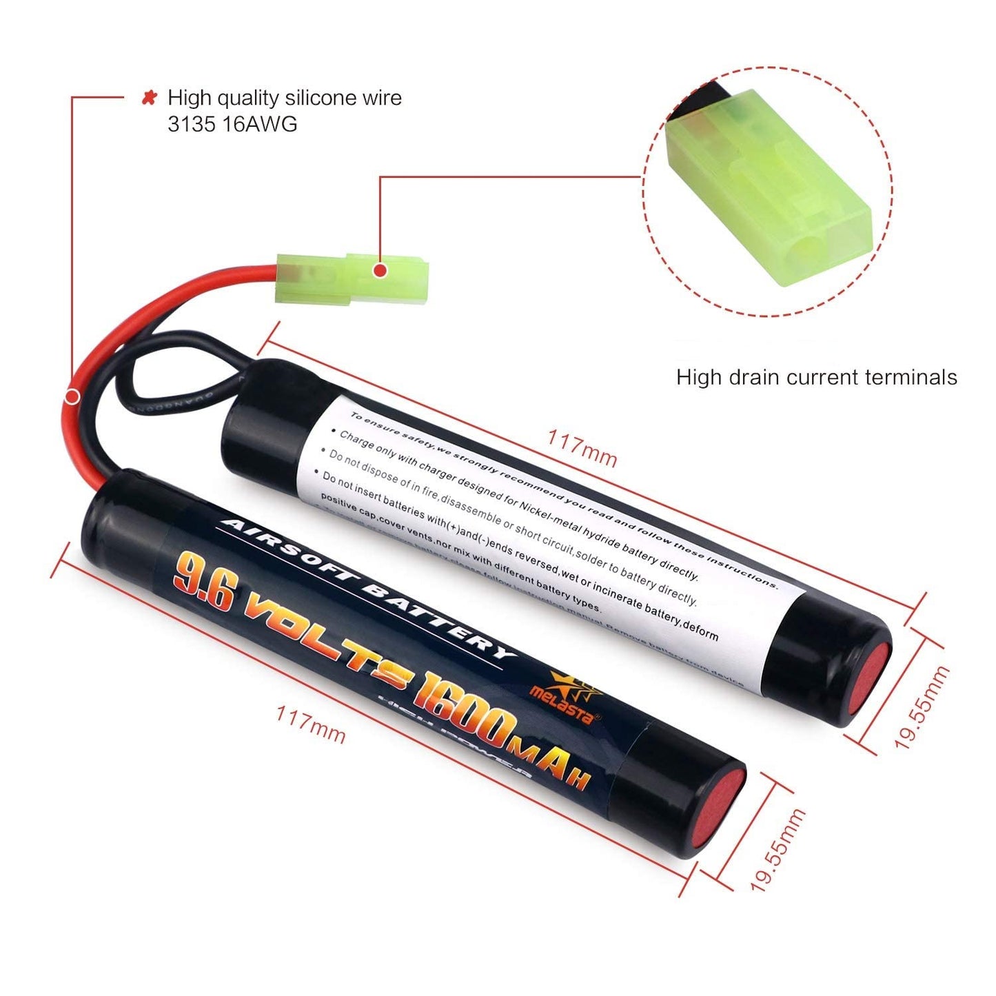 9.6V 1600mAh Nunchuck NiMH Battery Pack for Airsoft Guns (2-Pack)