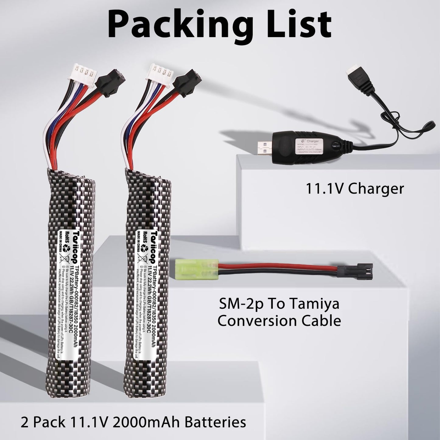 11.1V 2000mAh LiPo Airsoft Batteries with Mini Tamiya Connector (2-Pack)