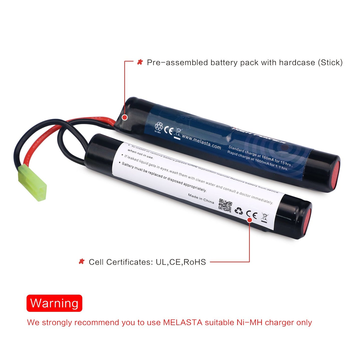 9.6V 1600mAh Nunchuck NiMH Battery Pack for Airsoft Guns (2-Pack)