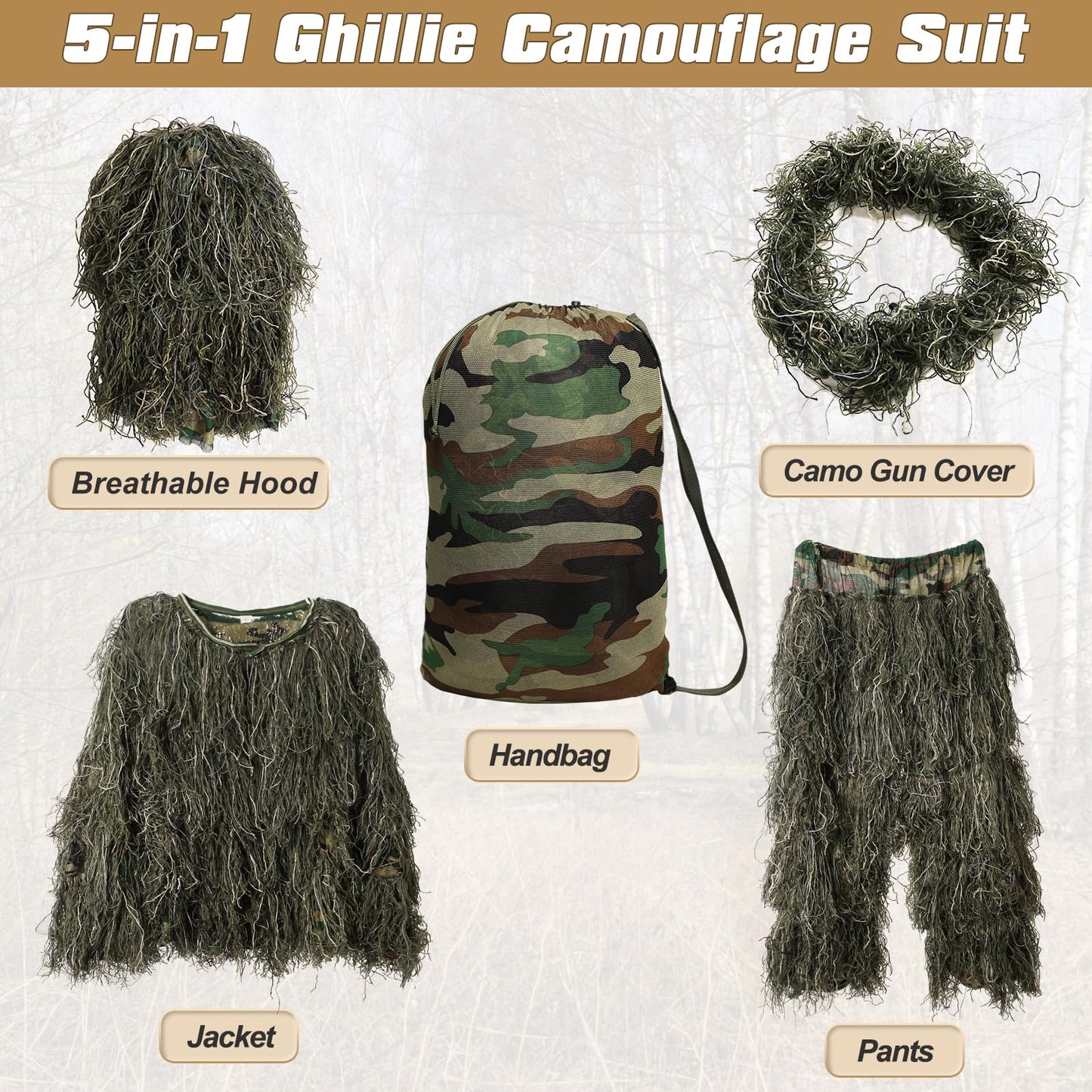 5-in-1 Ghillie Suit Camo Hunting Outfit for Men and Youth