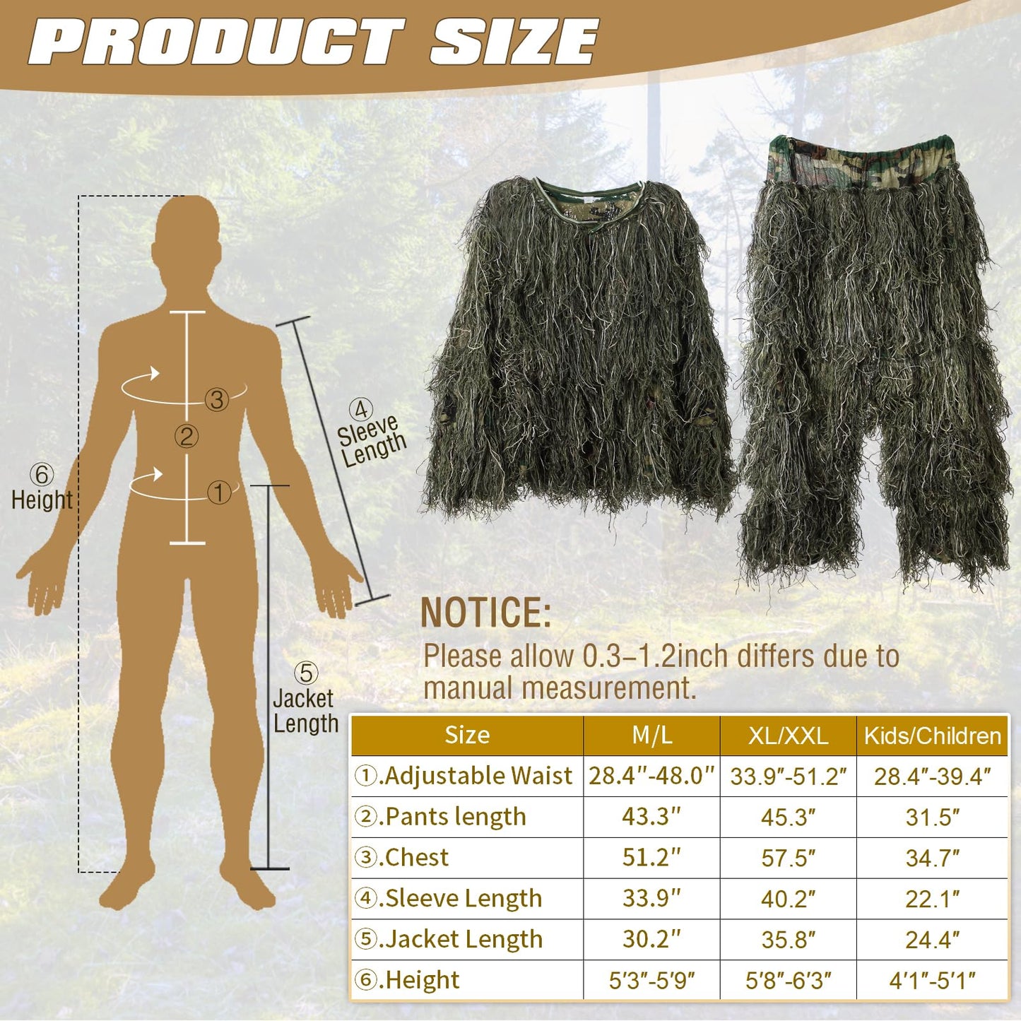 5-in-1 Ghillie Suit Camo Hunting Outfit for Men and Youth