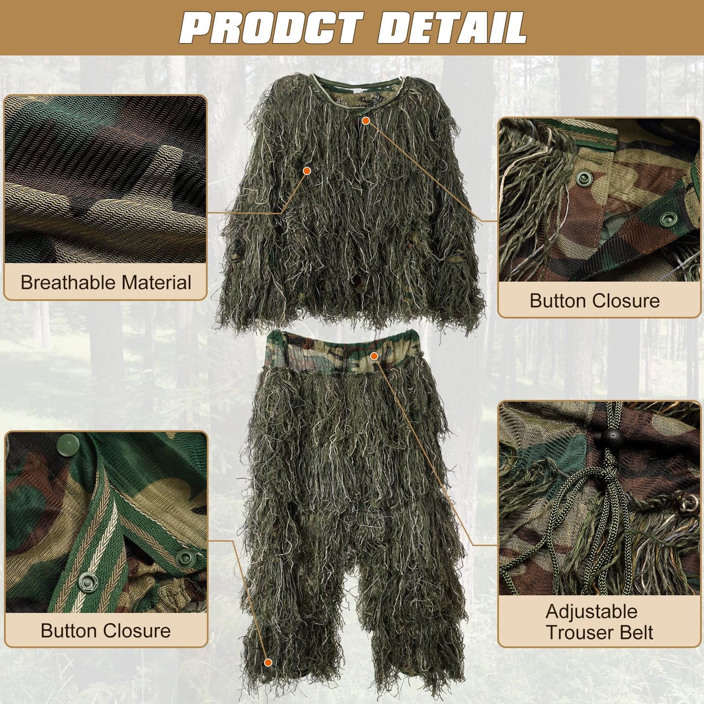 5-in-1 Ghillie Suit Camo Hunting Outfit for Men and Youth